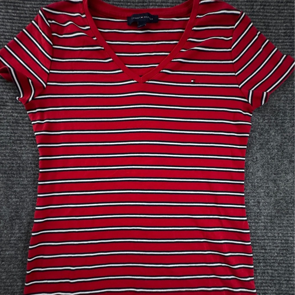 Tommy Hilfiger V-Neck T-Shirt Women's L Red White Black Striped Nautical Preppy